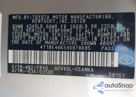 2009 Toyota Camry from USA, damaged, VIN 4T1BE46K59U878695